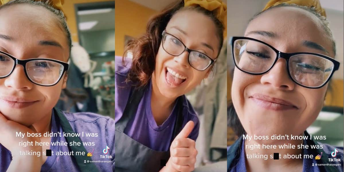 Woman Quits After Catching Her Boss Insulting Her Behind Her Back TikToker filming her boss talking about her behind her back