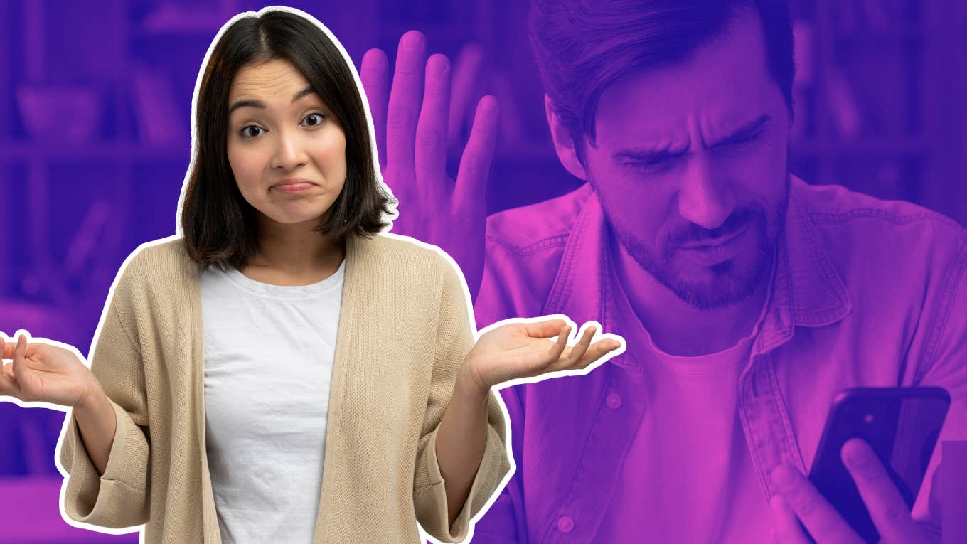 Woman Shares How Outing Herself As Crazy Helps While Dating With CPSTD woman who is dating with cptsd shrugging and man looking confused at his phone