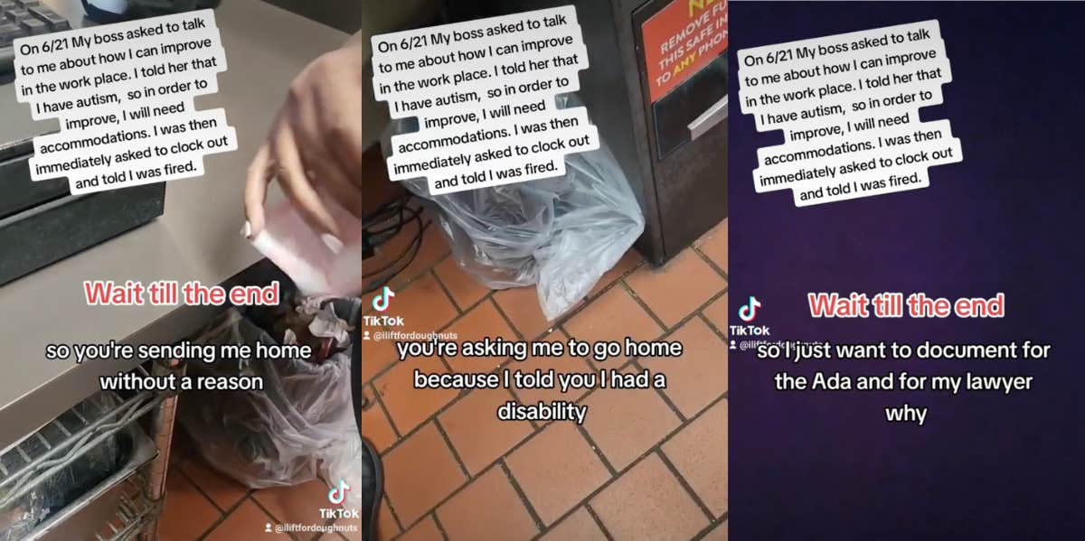 screenshots from fast food worker's tiktok in which she was fired for being autistic