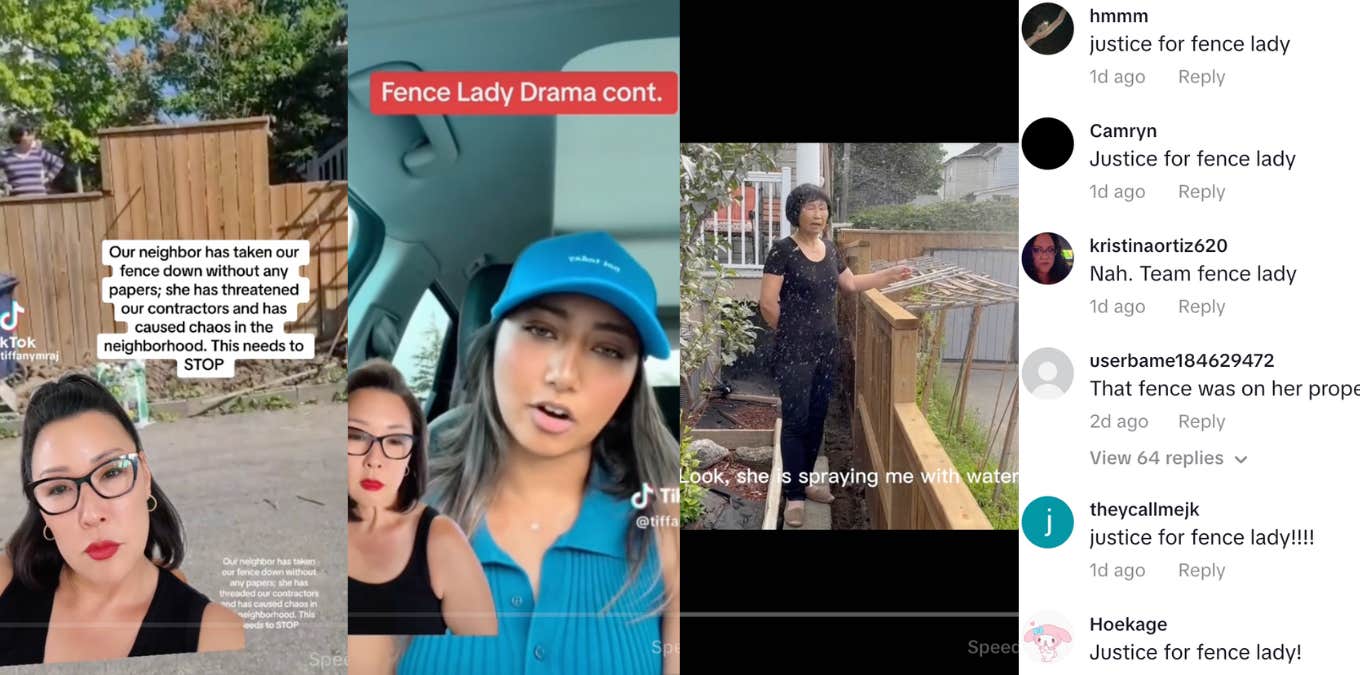 screenshots from tiktoks about neighbors fence dispute and fence lady drama