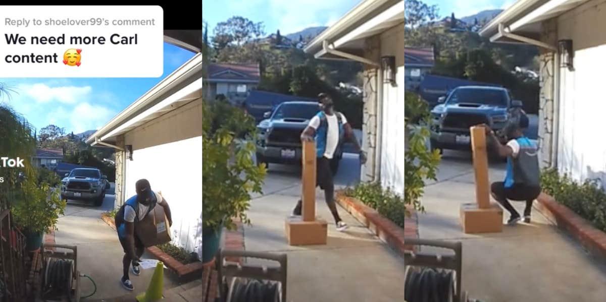 Woman Accused Of Exploiting Amazon Driver Who Dances On Her Security Camera Screenshots from TikTok of Amazon driver dancing
