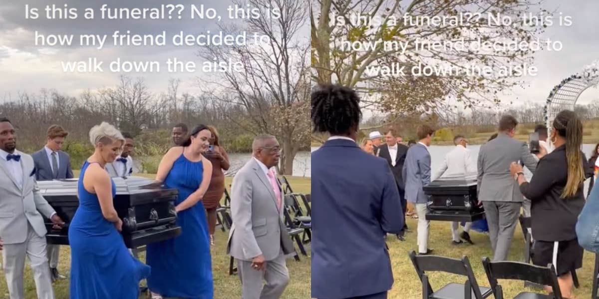 Wedding Guests Left Shocked After Groom Is Carried Down The Aisle In A Coffin tiktok groom being carried down aisle in coffin
