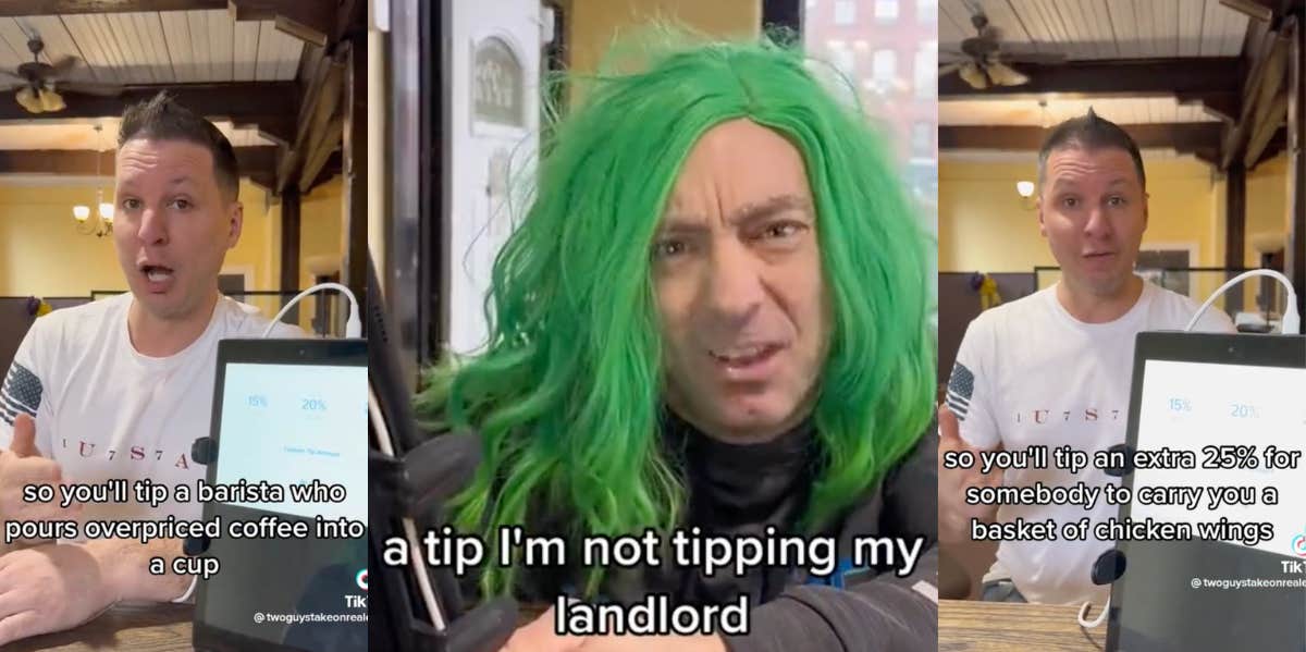 Real Estate Investor Says Tenants Should Tip Landlords Like Baristas Screenshots from TikTokers' skit about tipping landlords