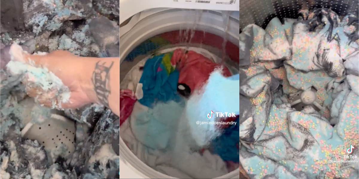 Screenshots of TikToker @jamiedoeslaundry's strange laundry procedure