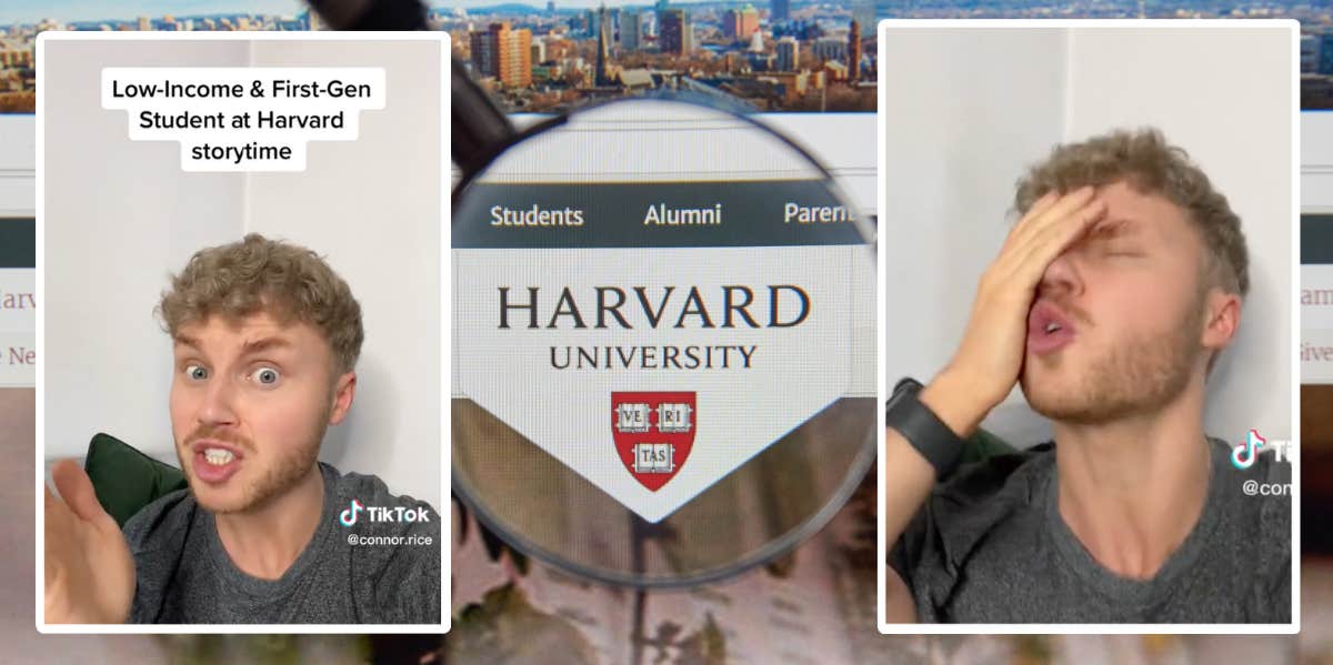 Low-Income Harvard Grad Tells 'Stupid' Things Rich Kids Said To Him TikToker telling his story and the Harvard logo