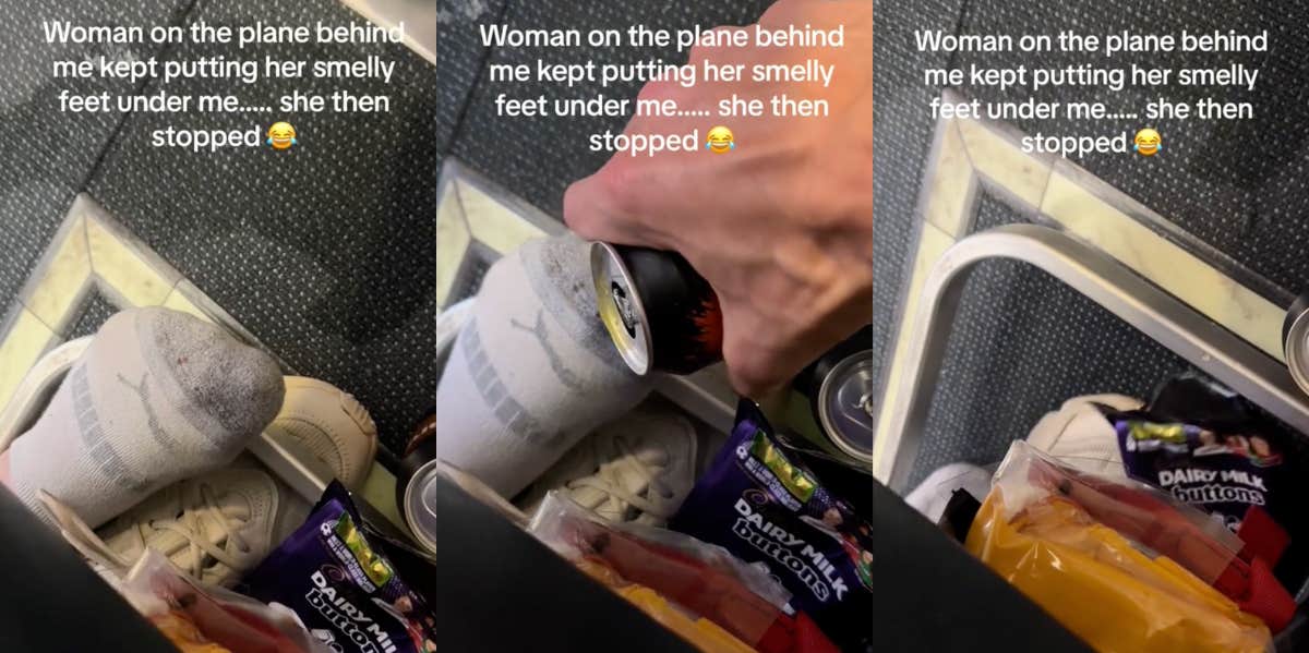 man pouring soda on plane passenger's smelly feet