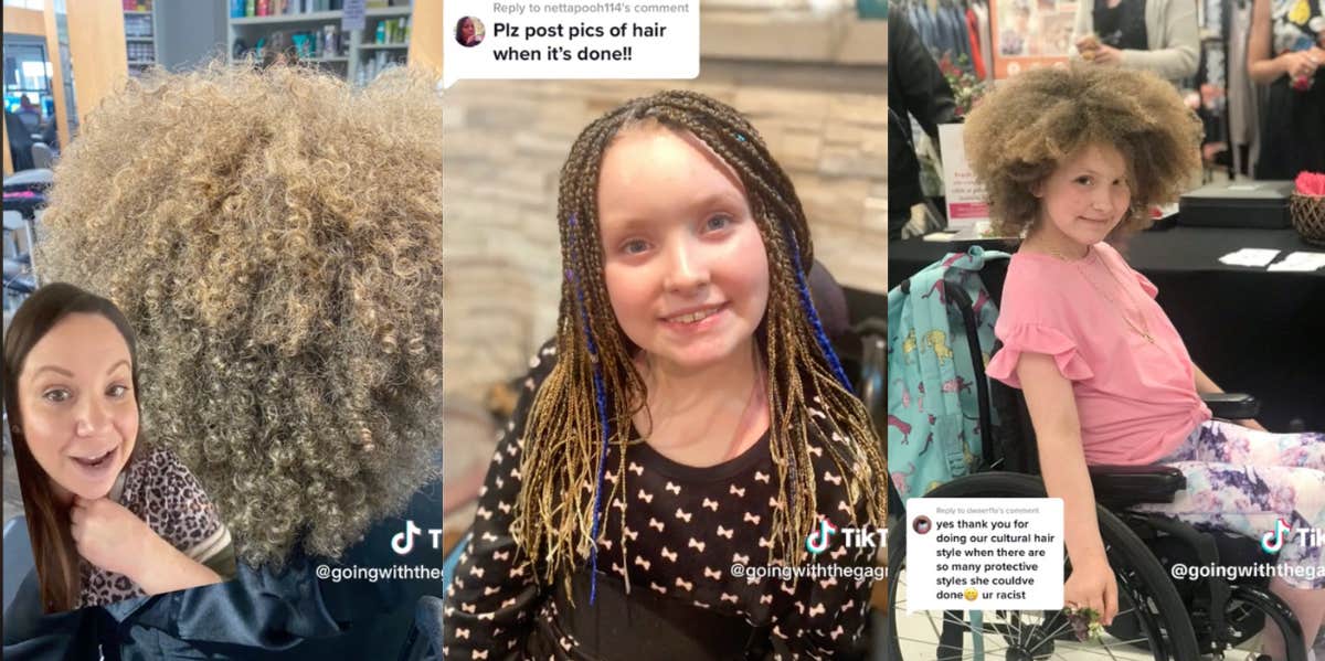 Screenshots of TikTok mom accused of racism and cultural appropriation for having her daughter's hair braided
