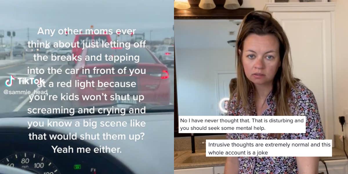 Mom Jokes About Crashing Car To Startle Her Screaming Kids Screenshots from TikTok about mom's intrusive thoughts about parenting