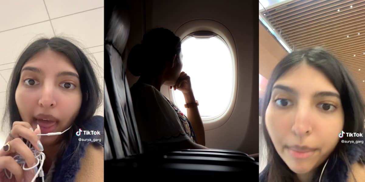 Plane Passenger Says Seatmate Kept 'Mumbling Profanities' After Refusing To Switch Seats Surya Garg, silhouette of woman looking out the window of a flying airplane