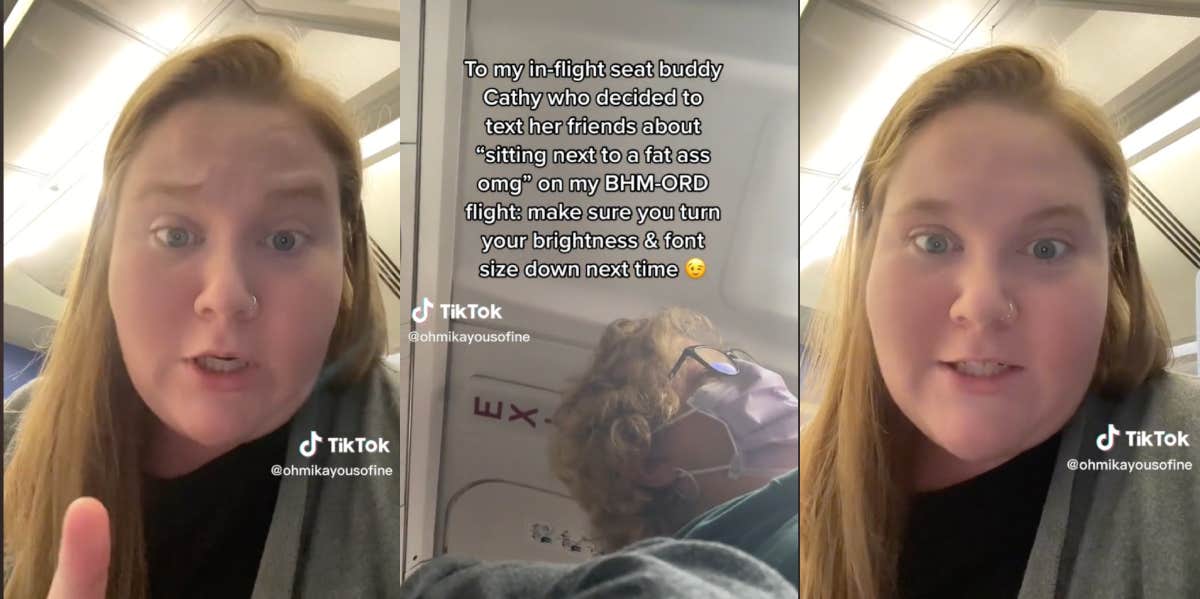 woman, Mika, notices rude text sent about her from other flight passenger