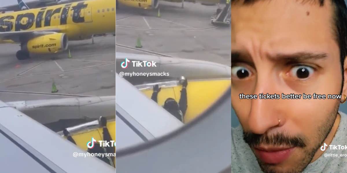 Screenshots of Spirit Airlines fixing a plane with tape