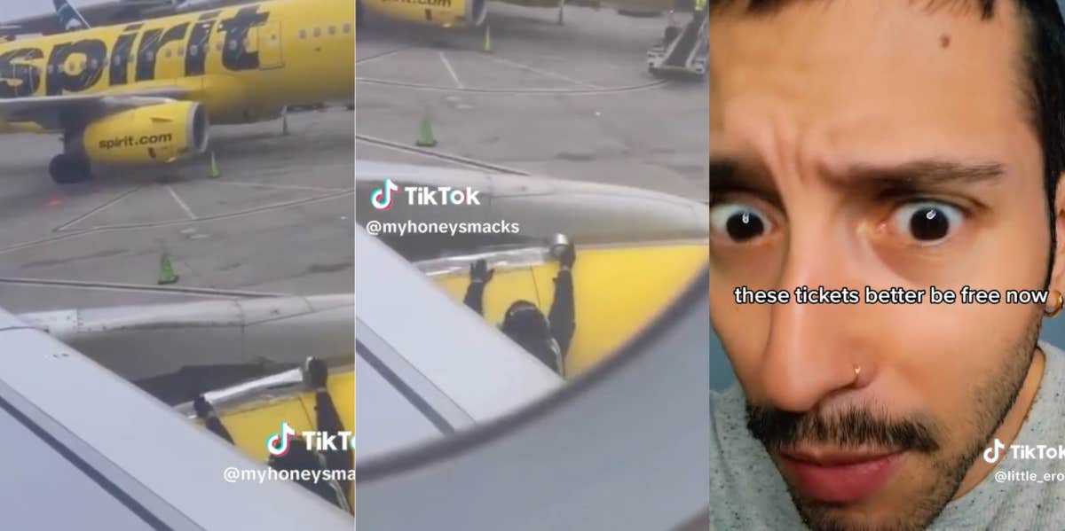 Woman Catches Spirit Airlines Fixing Plane Engine With Tape Screenshots of Spirit Airlines fixing a plane with tape