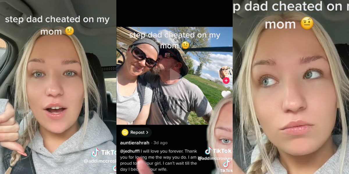 Screenshots from TikTok about woman's stepfather being caught cheating on social media