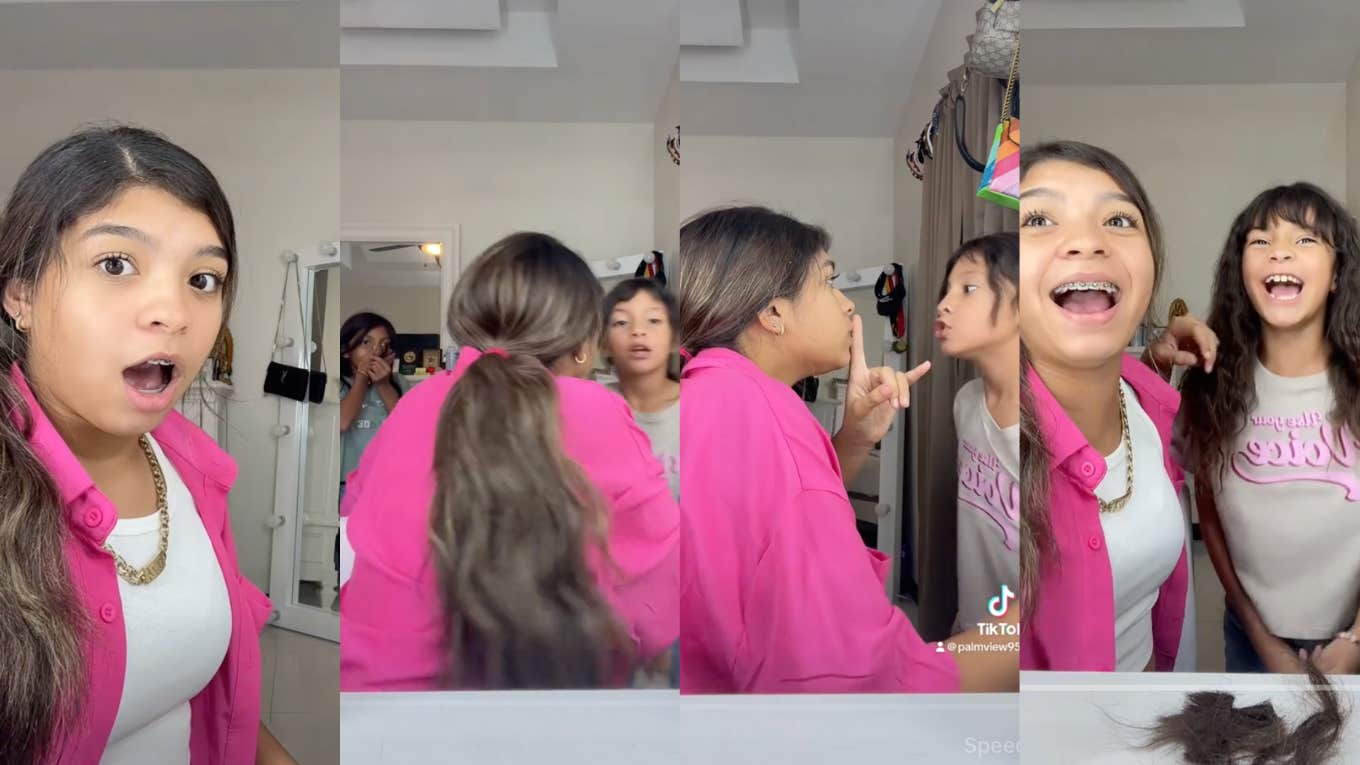 screenshots from tiktok of four sisters cutting bangs