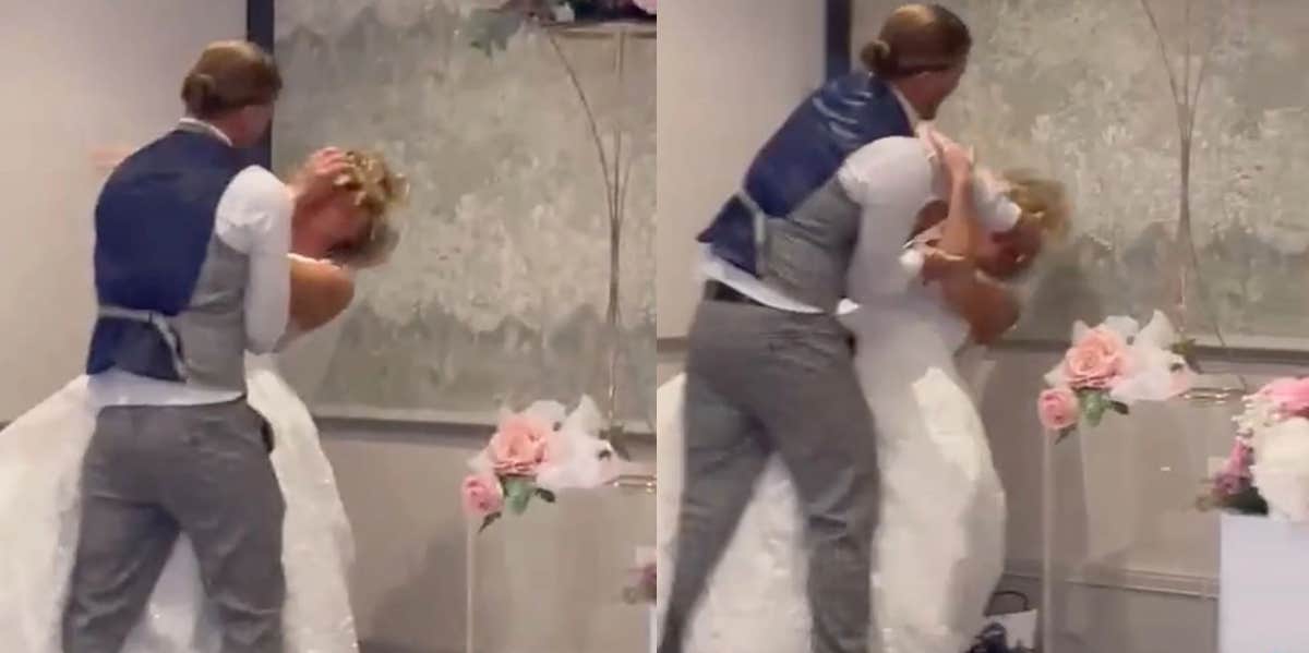 Groom Knocks Down His Bride While Forcing Cake In Her Mouth And All Over Her Wedding Dress Sparking Debate groom smashing cake into bride's face tiktok