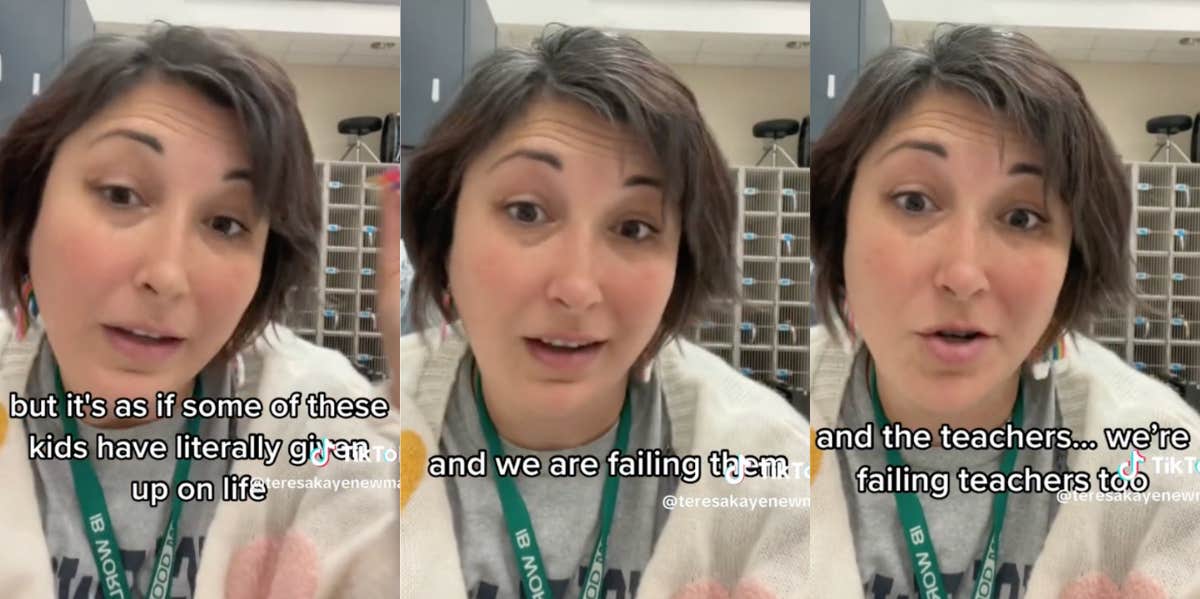Veteran Teacher Breaks Down Why Teachers Are Quitting, 'It's Not Because Of Low Pay' Screenshots from TikTok of teacher explaining why teachers are quitting