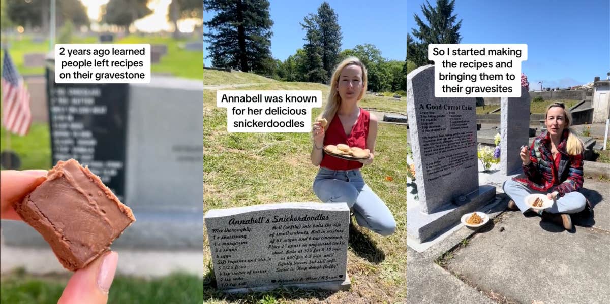 screenshots from woman's tiktoks about recipes carved into gravestones