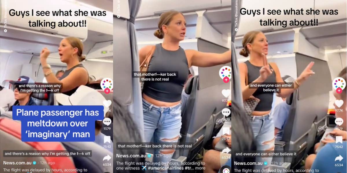 screenshots from video in which woman has a plane meltdown over a passenger who is 'not real'