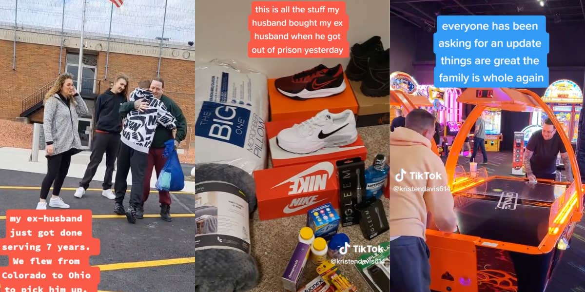 Screenshots from TikTok Kristen Davis's videos about her ex-husband's prison release