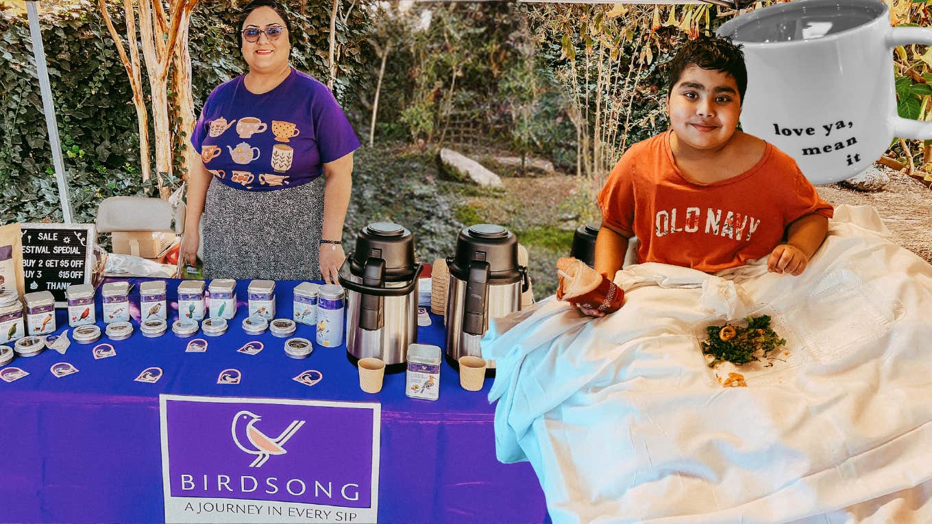 Author selling tea, son in hospital bed