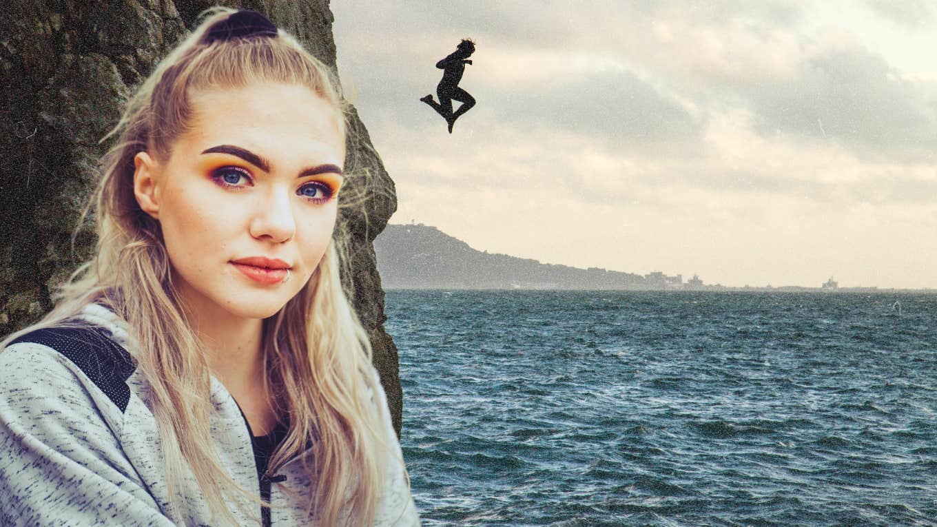 16 Tiny Habits That Will Make You More Courageous Than 98% Of People Courageous woman jumping off cliff into water below