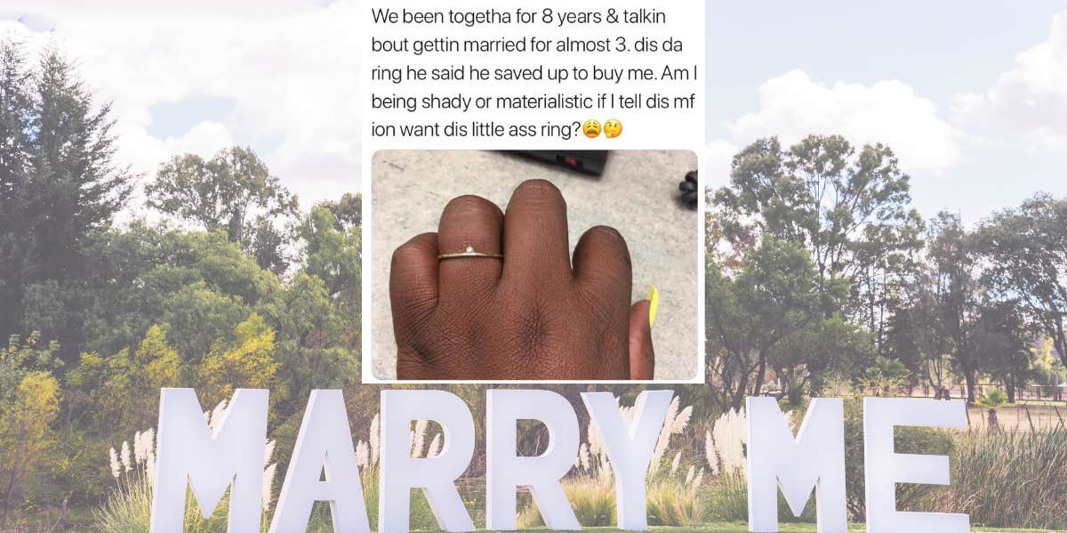 Woman Considers Rejecting Proposal From Partner Of 8 Years Due To Small Ring Hand with tiny ring on it