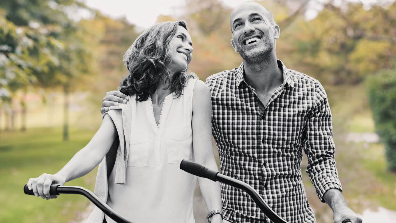 mature couple on a bicycle ride together