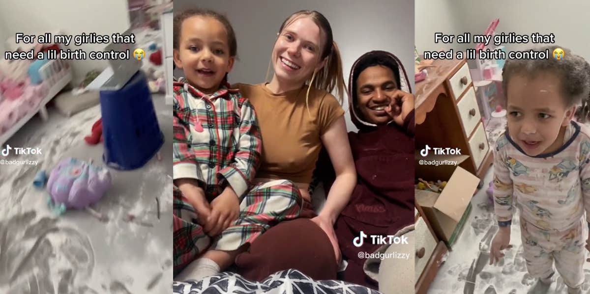 Two screenshots of the toddler's room covered in baby powder as she stands awkwardly, then a photograph of the family of three smiling at the camera together.