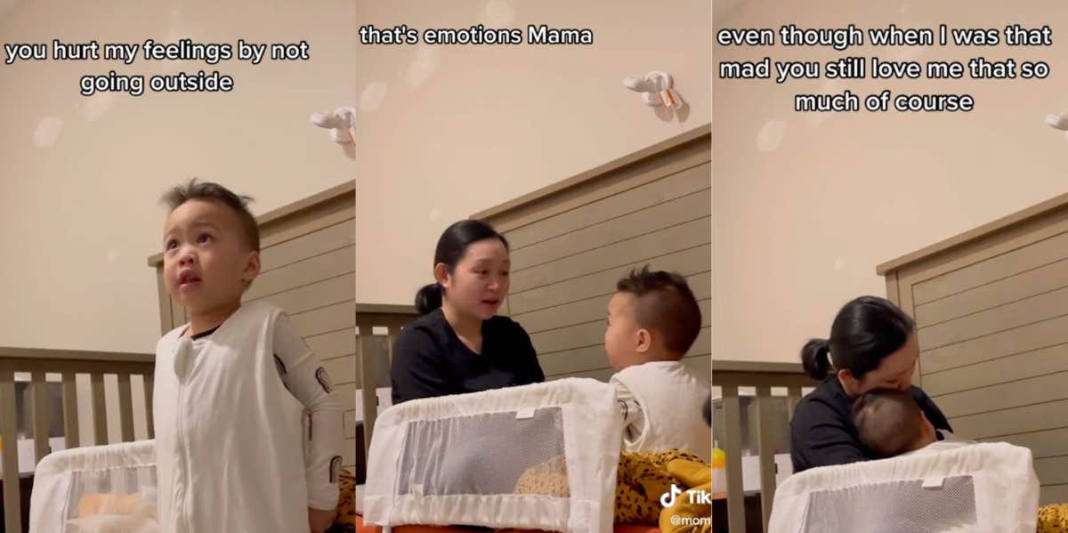 Toddler talking about his tantrum with his mom