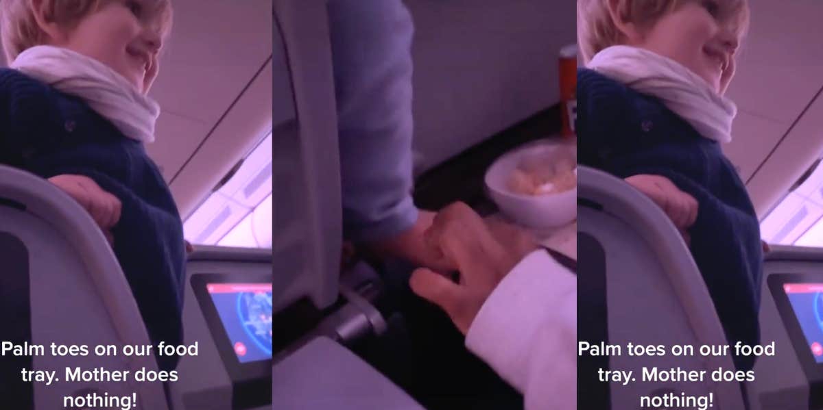 Toddler puts foot on plane passenger's food tray