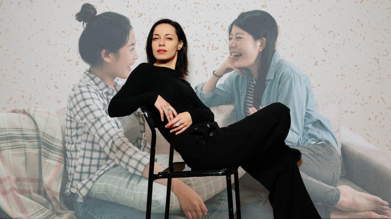 Single woman in black outfit, friends gossiping about their relationships