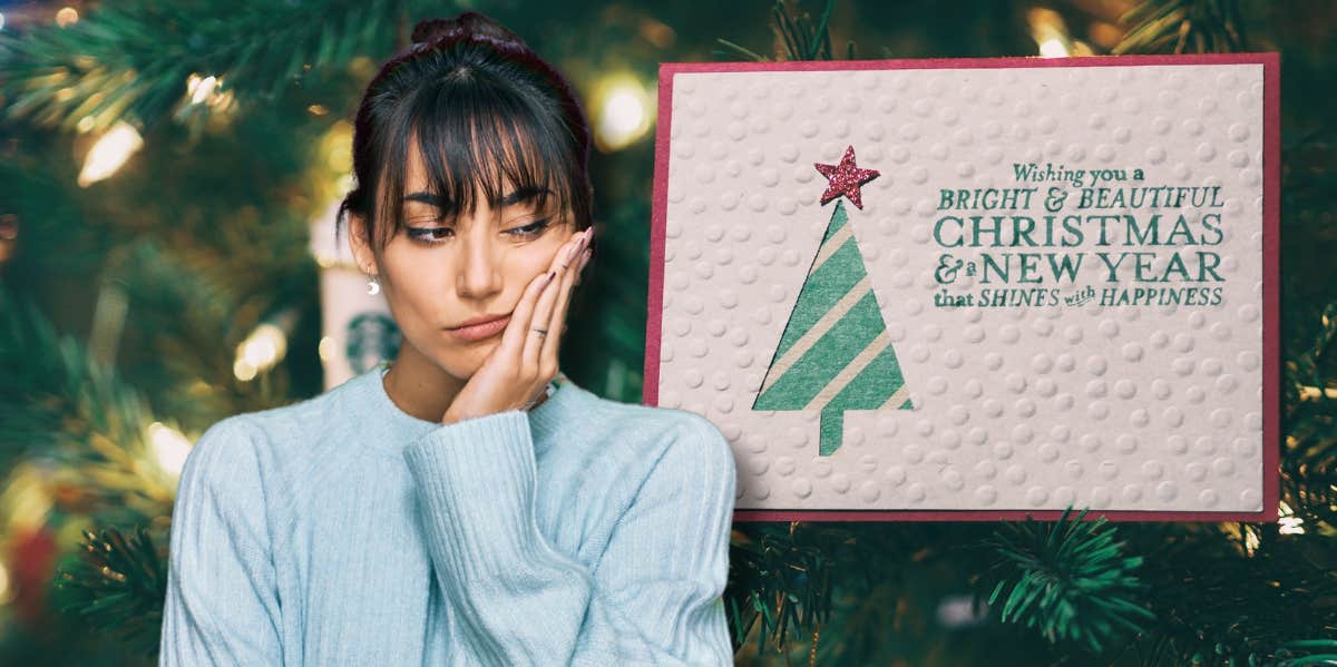 annoyed woman and holiday card