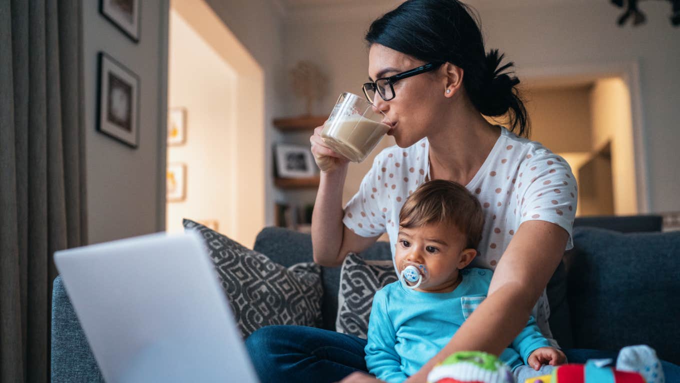 mom works from home with her baby