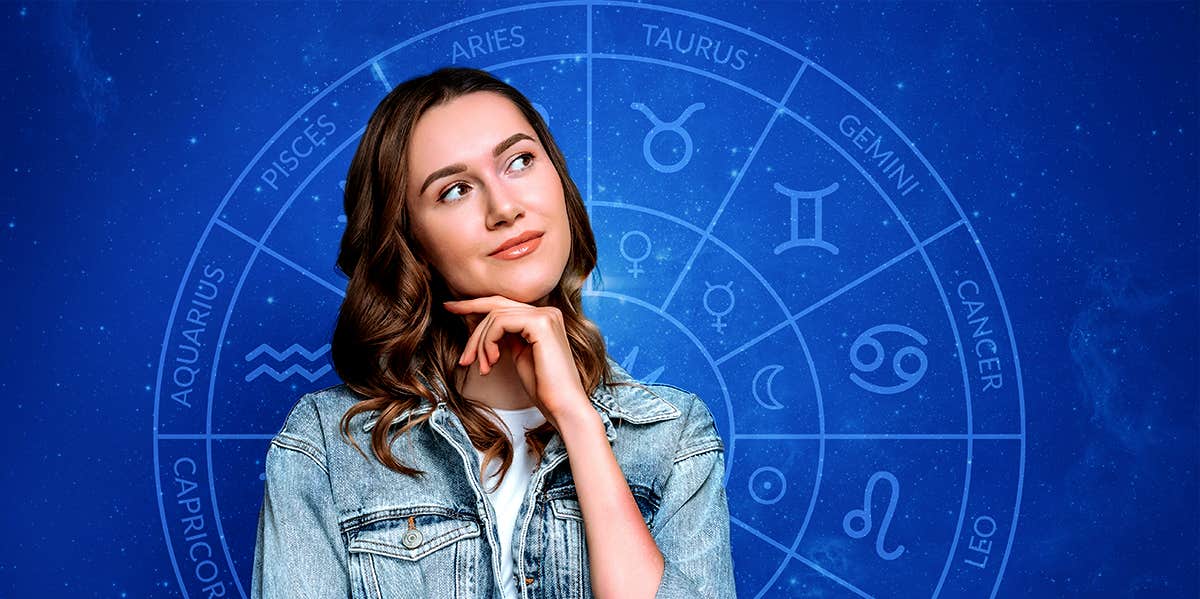 woman thinking and zodiac wheel