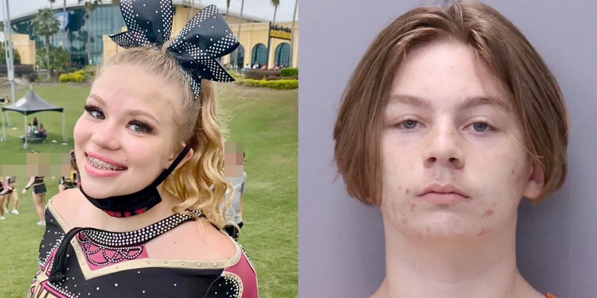Tristyn Bailey at a cheer competition and Aiden Fucci after being arrested