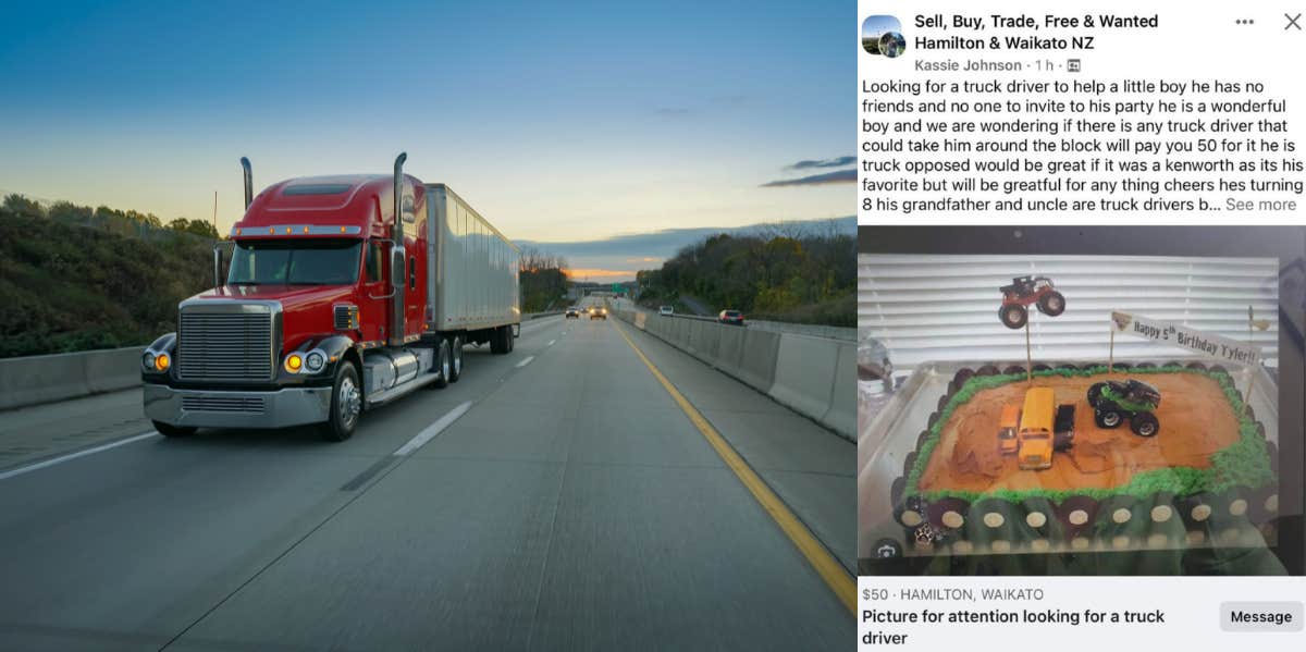 Lonely' Truck-Obsessed 8-Year-Old Surprised By Convoy Of Truckers To Celebrate His Birthday Red semi truck, post on Facebook about kid's birthday