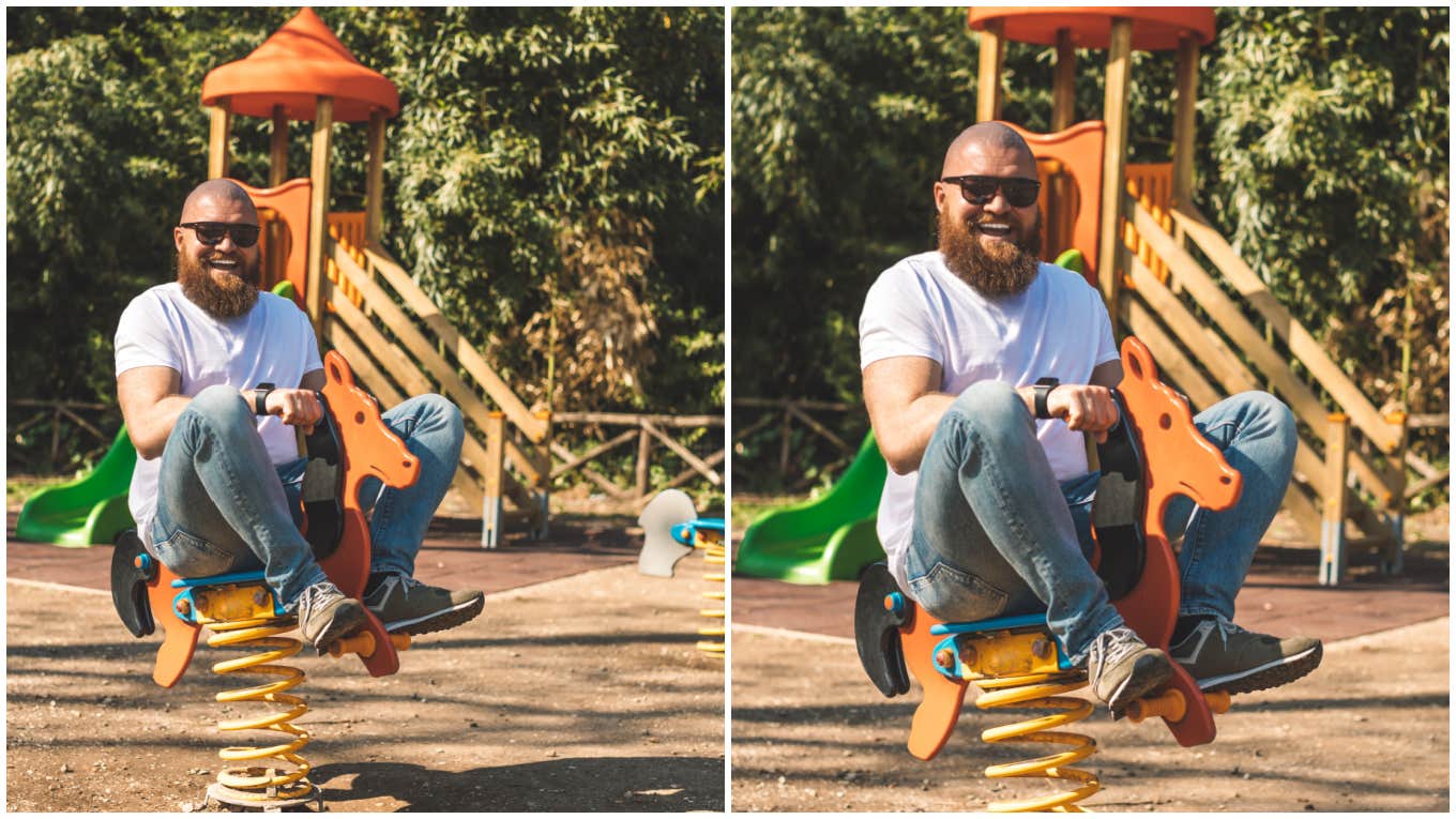 immature man playing on a playground