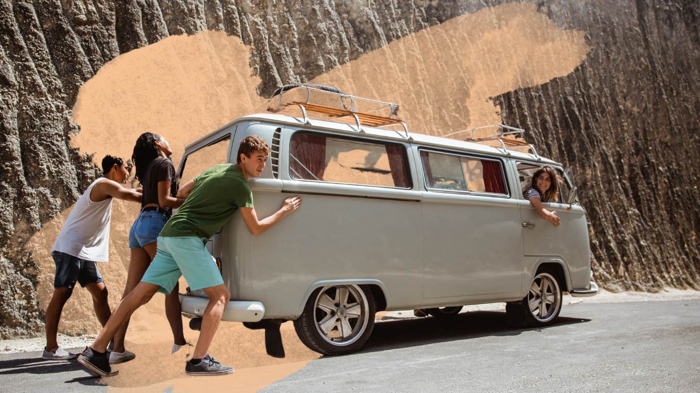 friends pushing their car, while one friend stays in the passenger seat