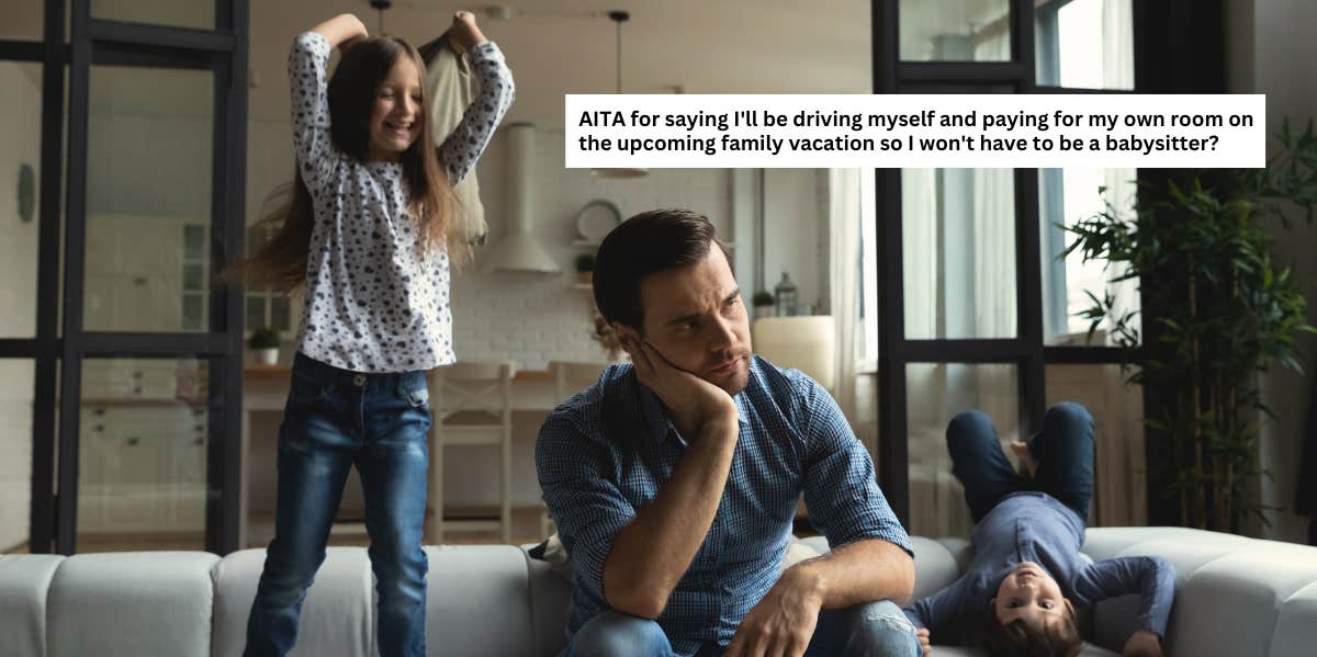 Man who appears annoyed sits on a couch and babysits two children.