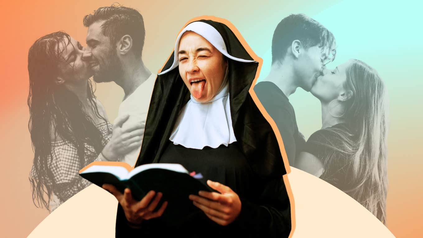 Nun winking and sticking tongue out, couples behind her 
