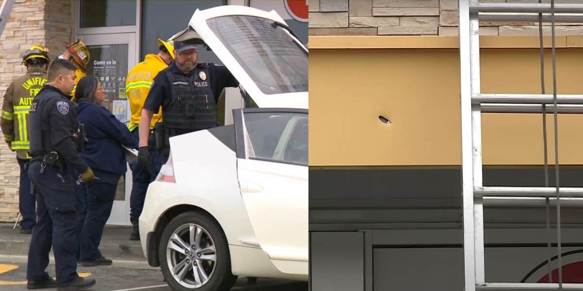 Unified police and fire search car and bullet hole in McDonald's awning