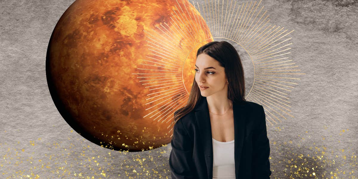 woman sitting in front of planet venus