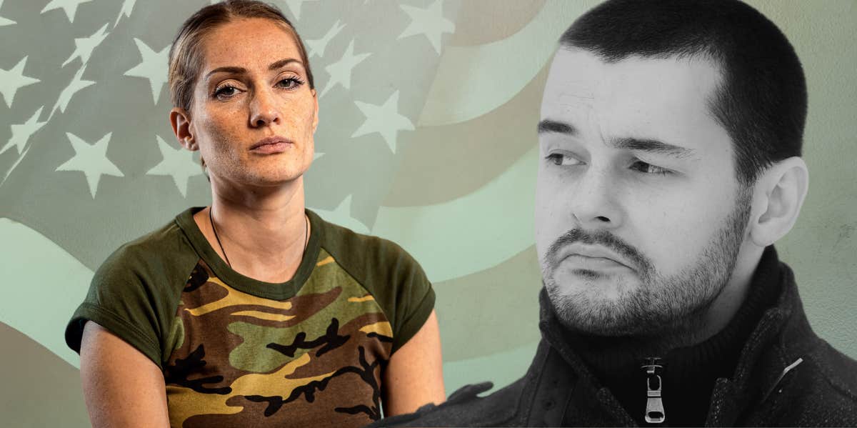 Veteran Called Sexist For Accusing Classmate Of Stolen Valor Man looking suspiciously at female veteran