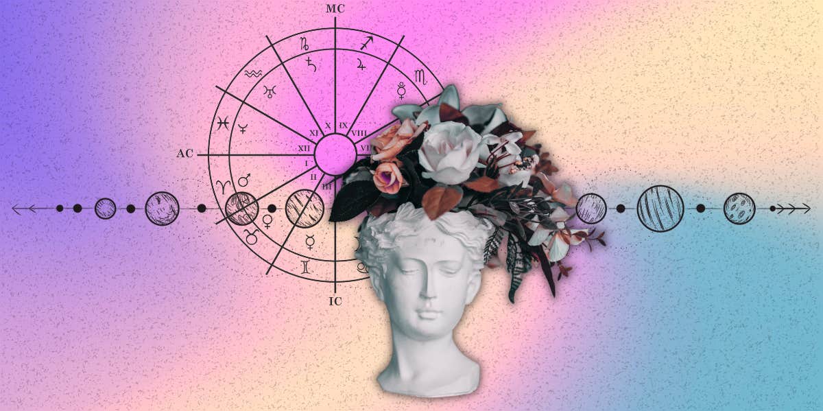 astrology planets, bust with flowers and birth chart