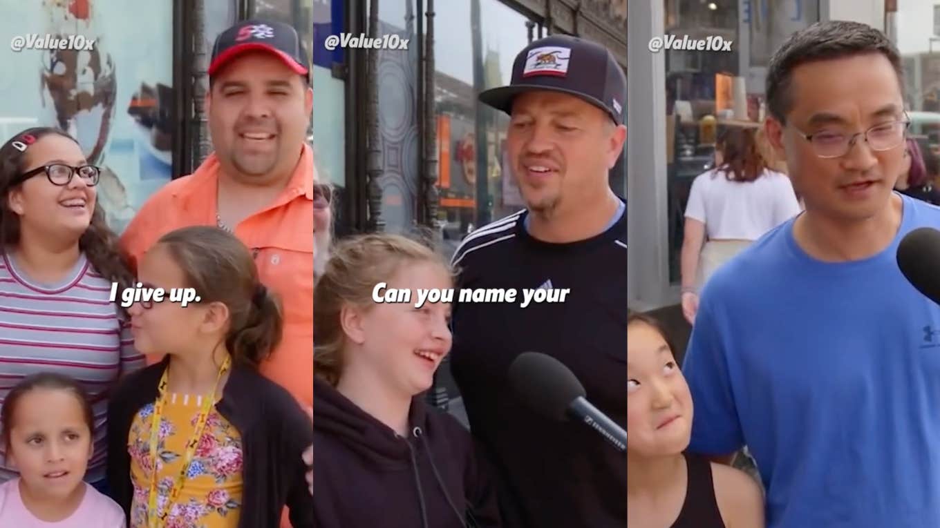 Fathers answering questions about their kids on the street