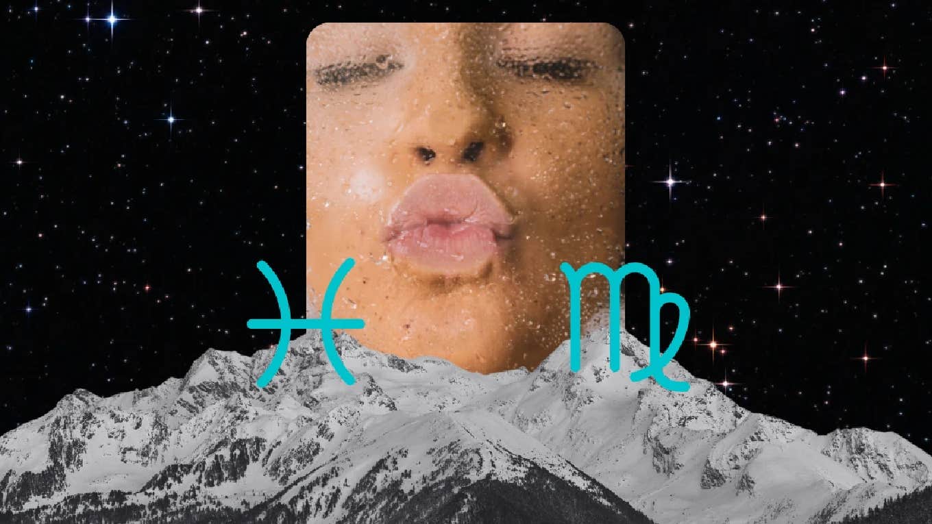 woman making kissing face, pisces and virgo glyphs