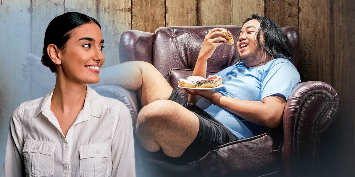 Man eating donuts on couch