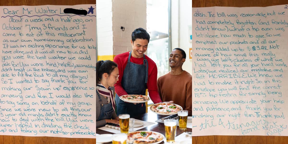 Group Of 13-Year-Olds Apologize In Sweet Letter To Waiter After Only Tipping $3.28 & Returned With More Money letter from 13-year-olds, waiter serving table of customers