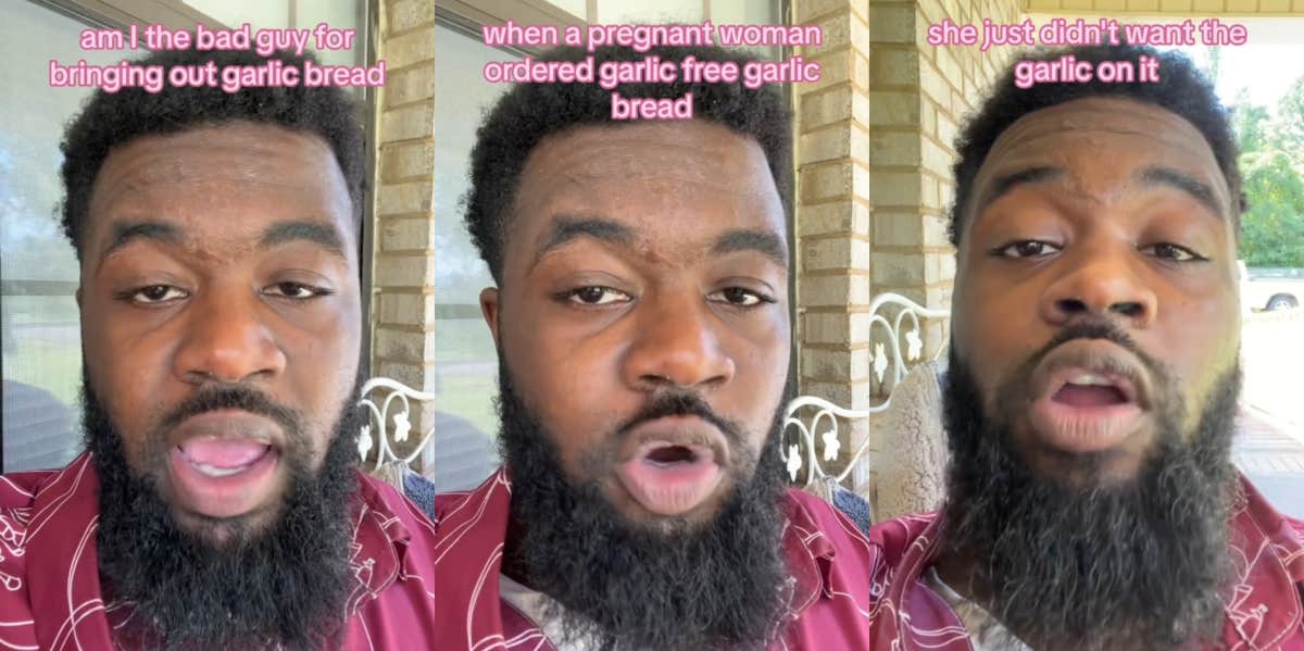 Waiter Came Under Fire For What He Brought To A Table After A Pregnant Woman Asked Him For Garlic-Free Garlic Bread Jonathan Moss talking about garlic-free garlic bread on TikTok