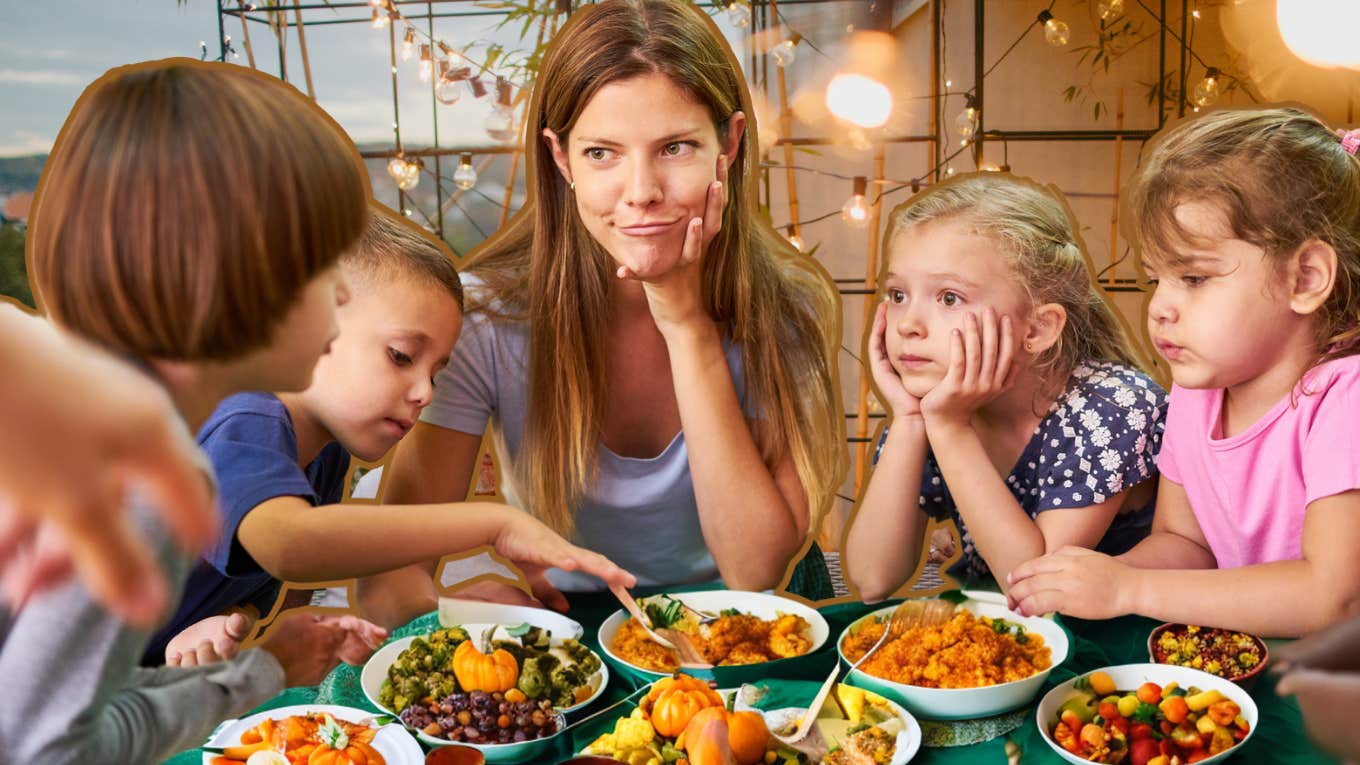 Teacher Says Talk To Adults Like Kindergarteners To Avoid Holiday Drama Woman eating thanksgiving day dinner, imagining it’s her kindergarteners
